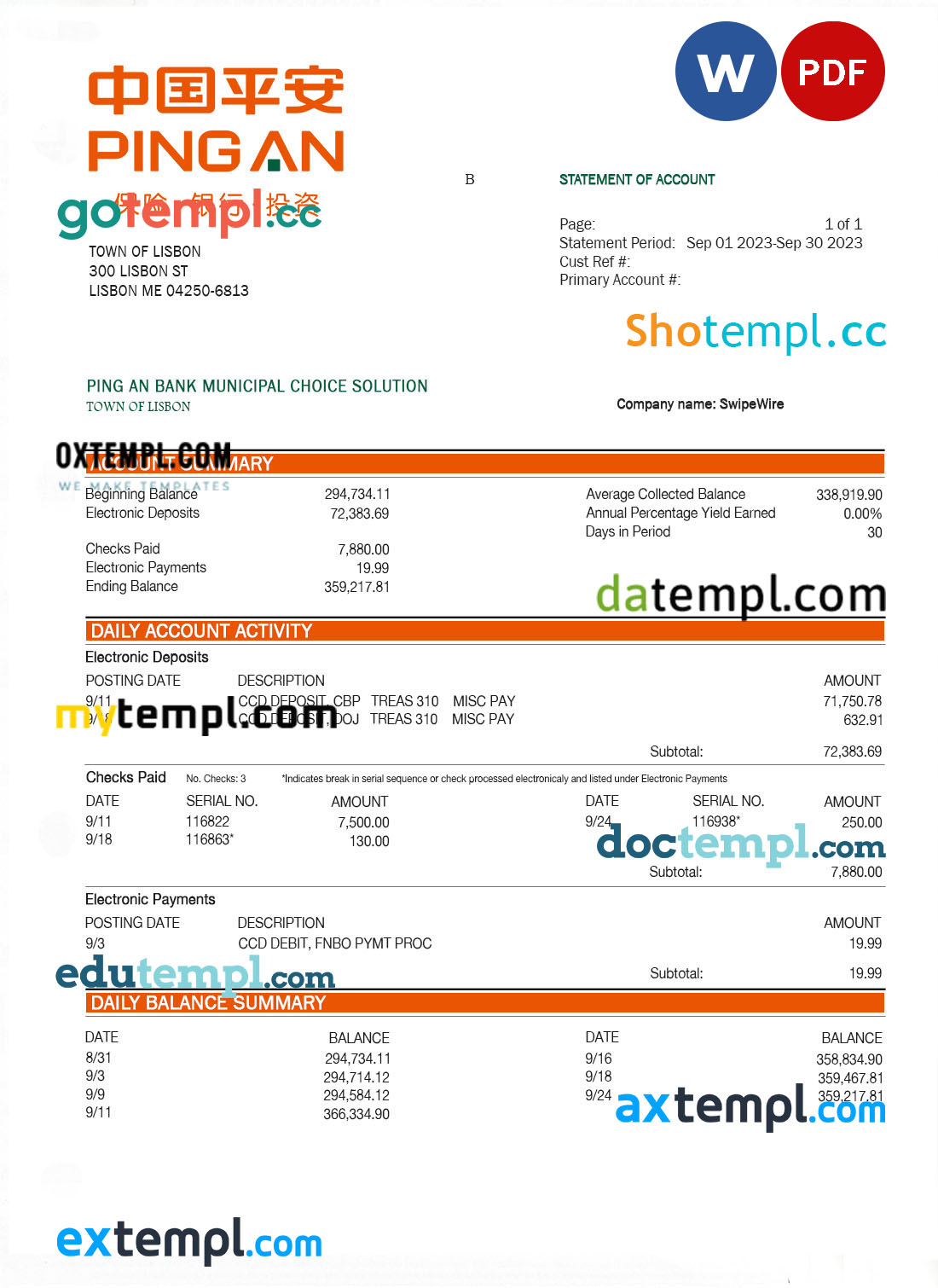 Ping An Bank firm checking account statement Word and PDF template