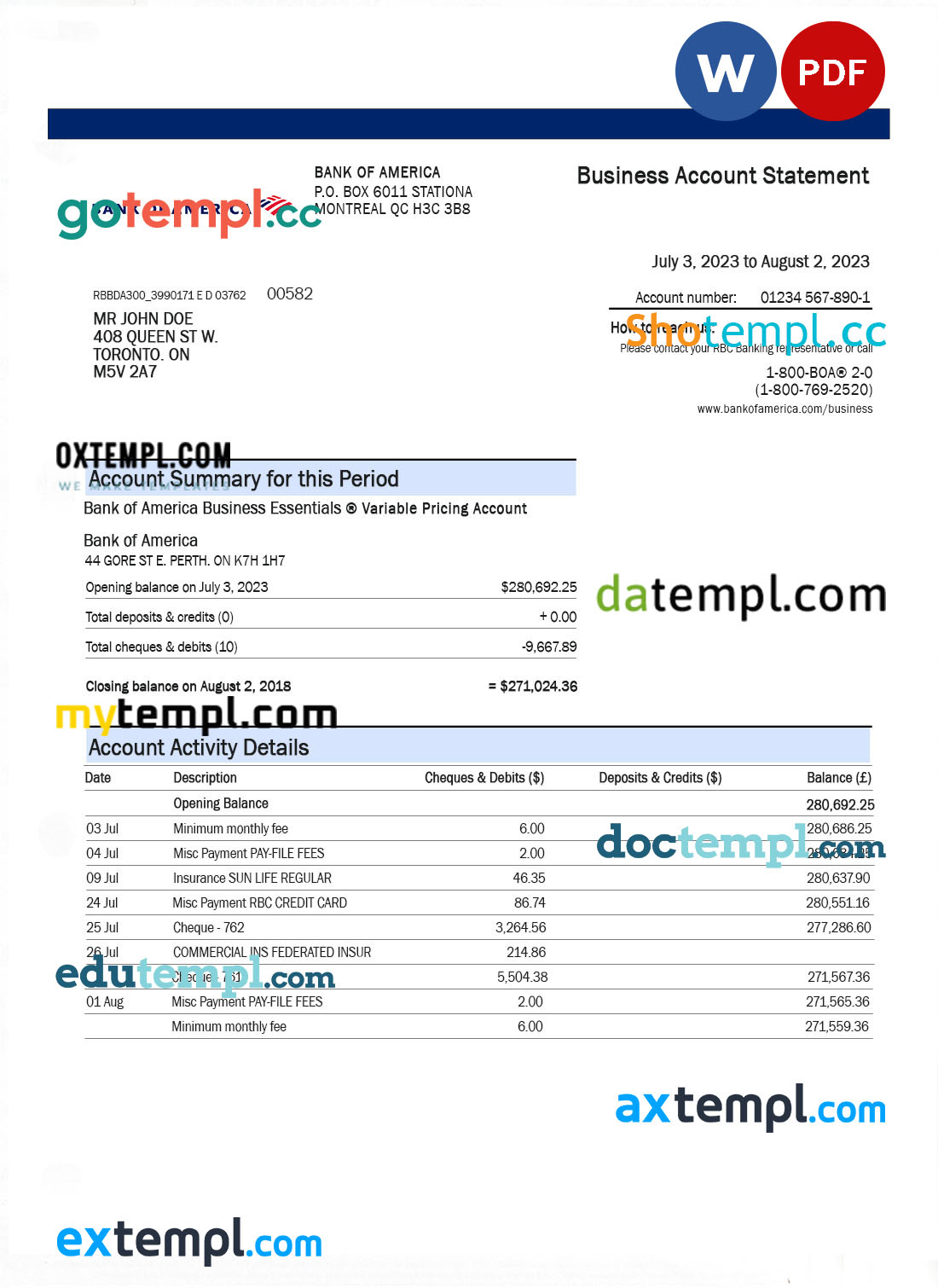 Bank of America organization bank statement Word and PDF template