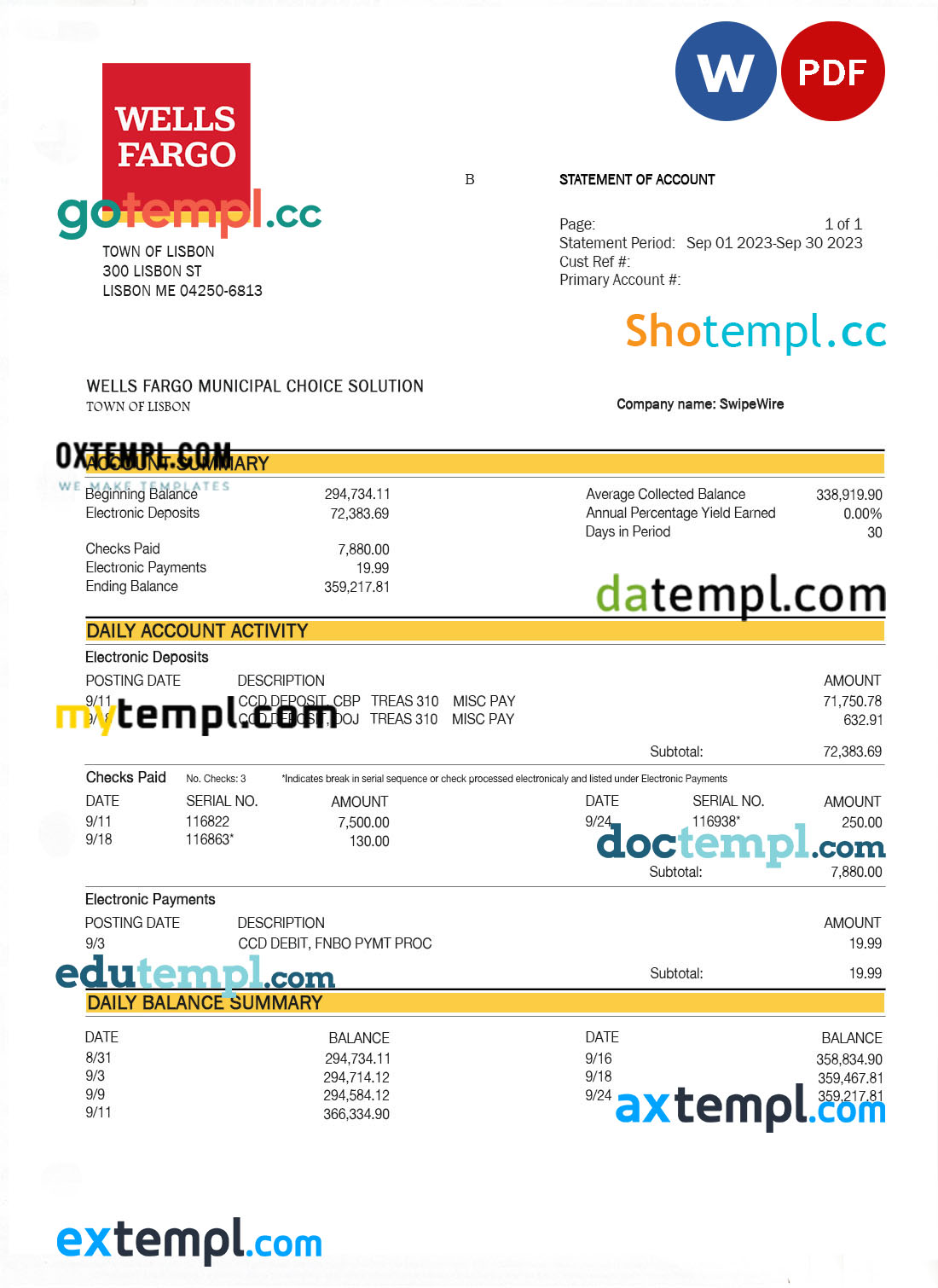 Wells Fargo firm bank statement Word and PDF template