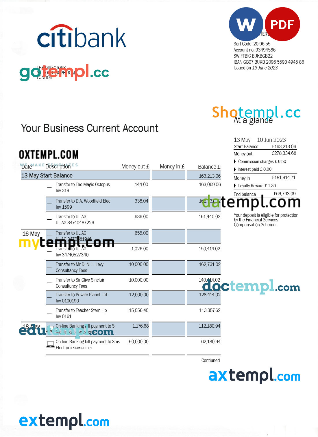 Citibank business bank statement Word and PDF template