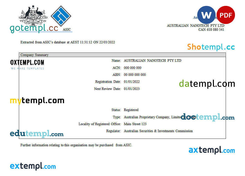Australian Securities and Investments Commission's (ASIC) Certificate of Company Registration 2