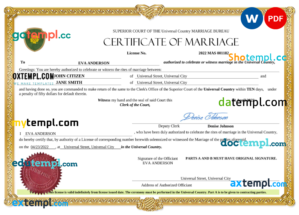 # grace universal marriage certificate Word and PDF template, fully editable