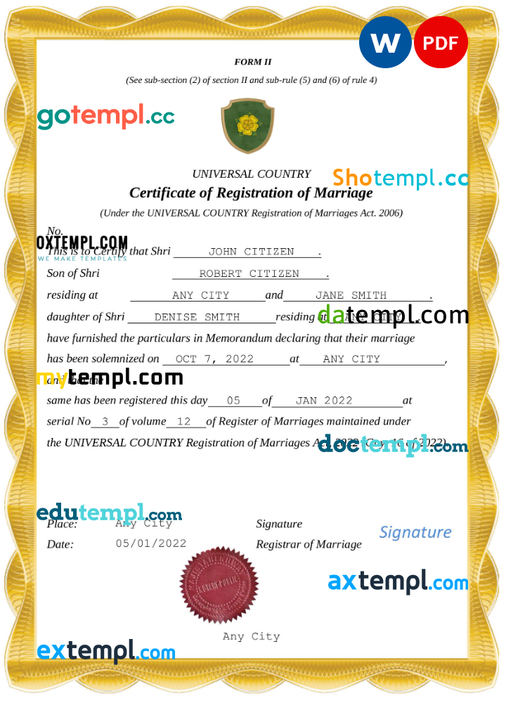 # dreams universal marriage certificate Word and PDF template, fully editable