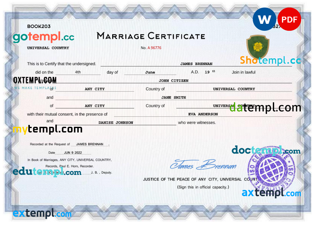 # full-frontal universal marriage certificate Word and PDF template, fully editable