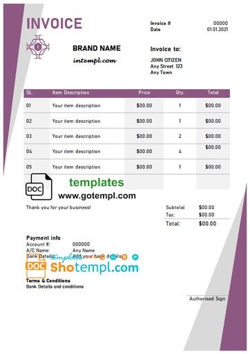 # dream authority universal multipurpose tax invoice template in Word and PDF format, fully editable