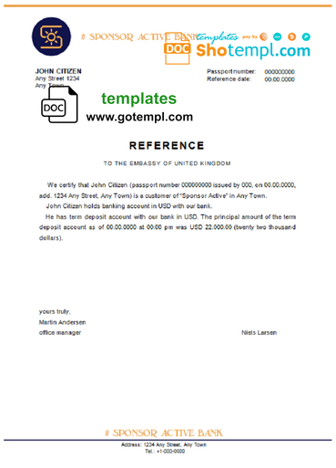 # sponsor active bank universal multipurpose bank account reference template in Word and PDF format