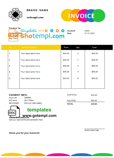 # glow outlook universal multipurpose tax invoice template in Word and PDF format, fully editable