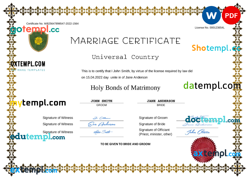 # fresh universal marriage certificate Word and PDF template, completely editable