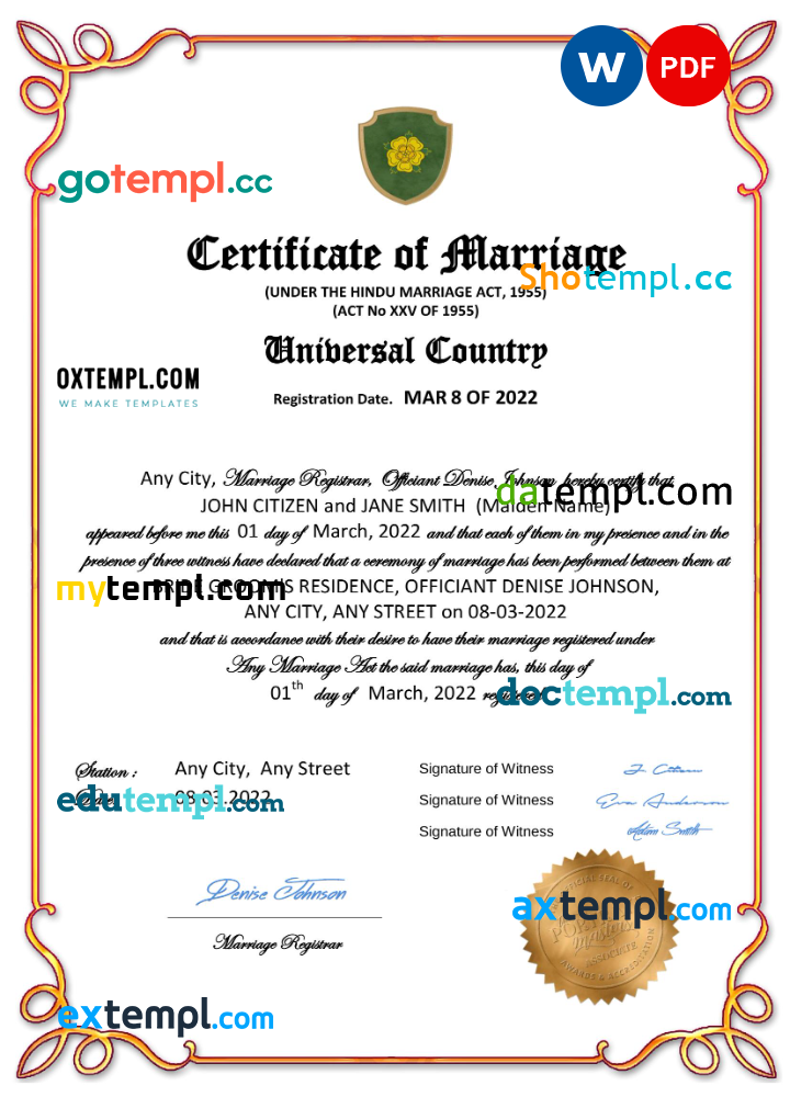 # gloss universal marriage certificate Word and PDF template, completely editable