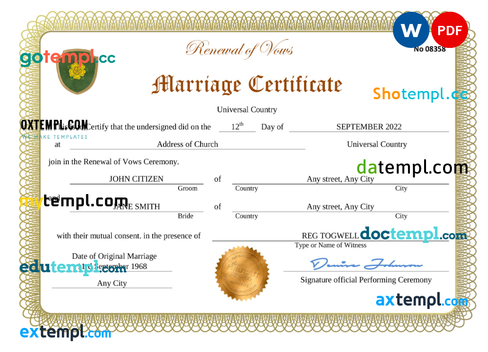 # romance universal marriage certificate Word and PDF template, completely editable