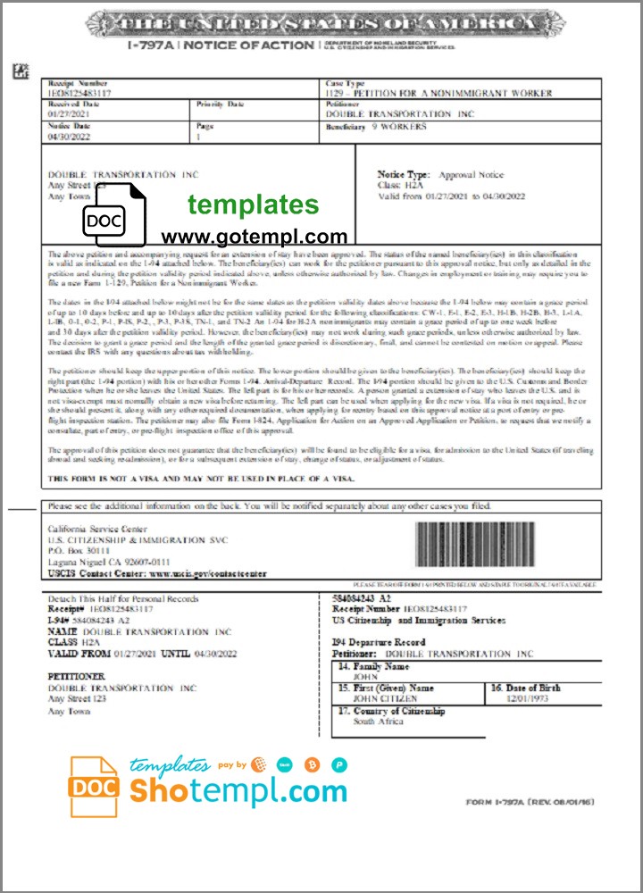 USA Form I-797A, Notice of Action template in Word and PDF format