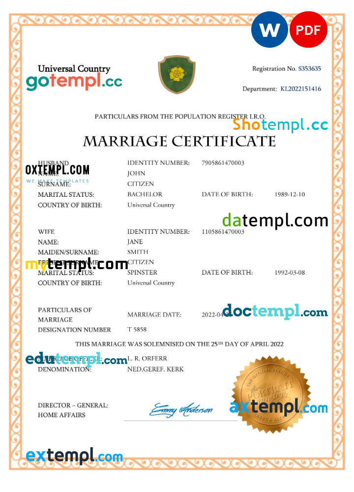 # charm universal marriage certificate Word and PDF template, fully editable