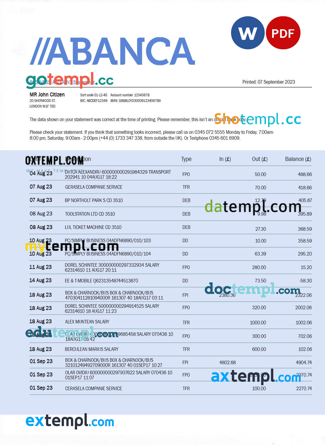 Abanca Bank firm account statement Word and PDF template