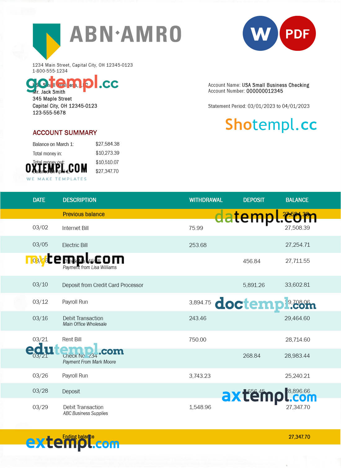 ABN AMRO Bank company checking account statement Word and PDF template