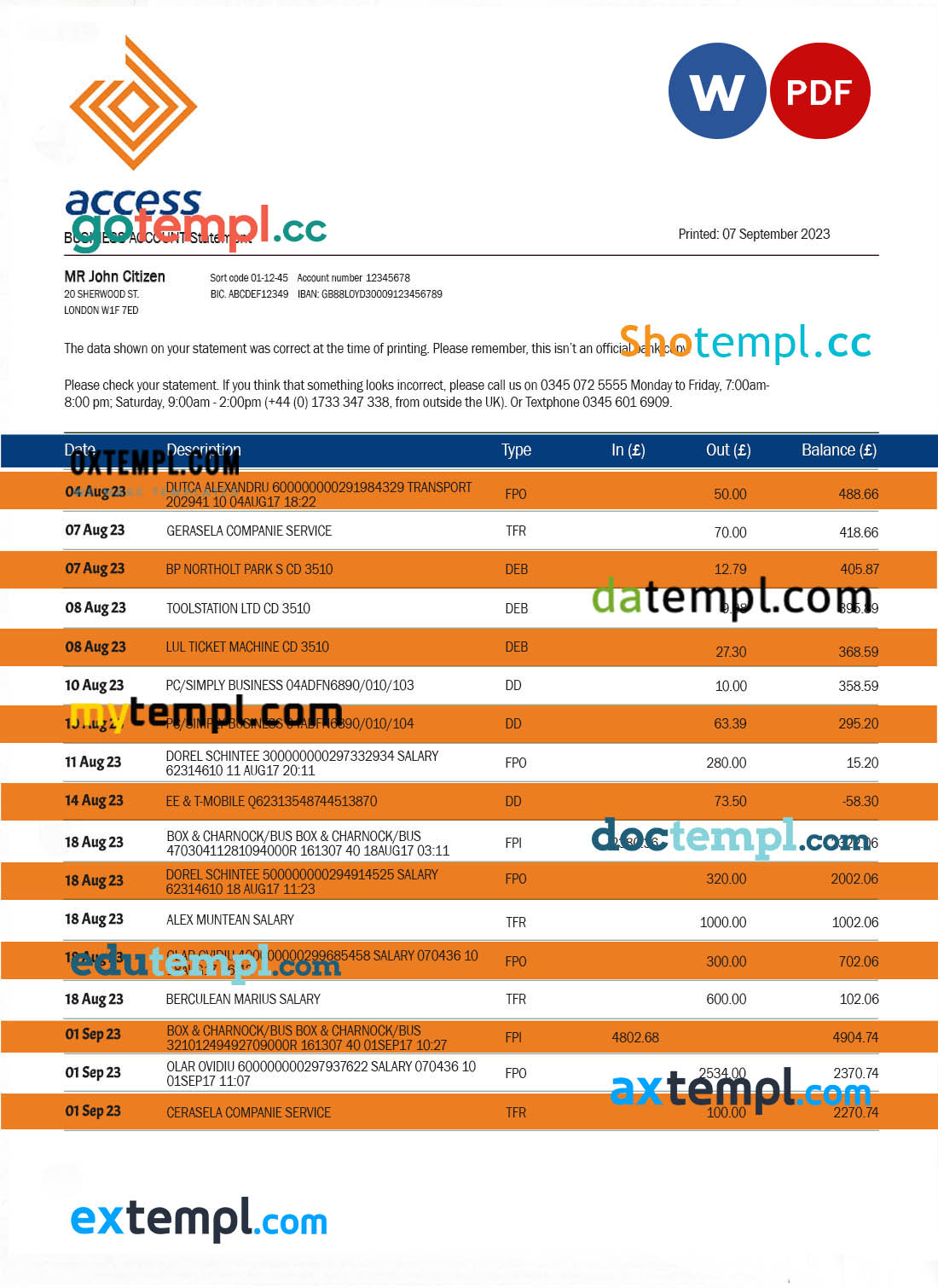 Access Bank company checking account statement Word and PDF template