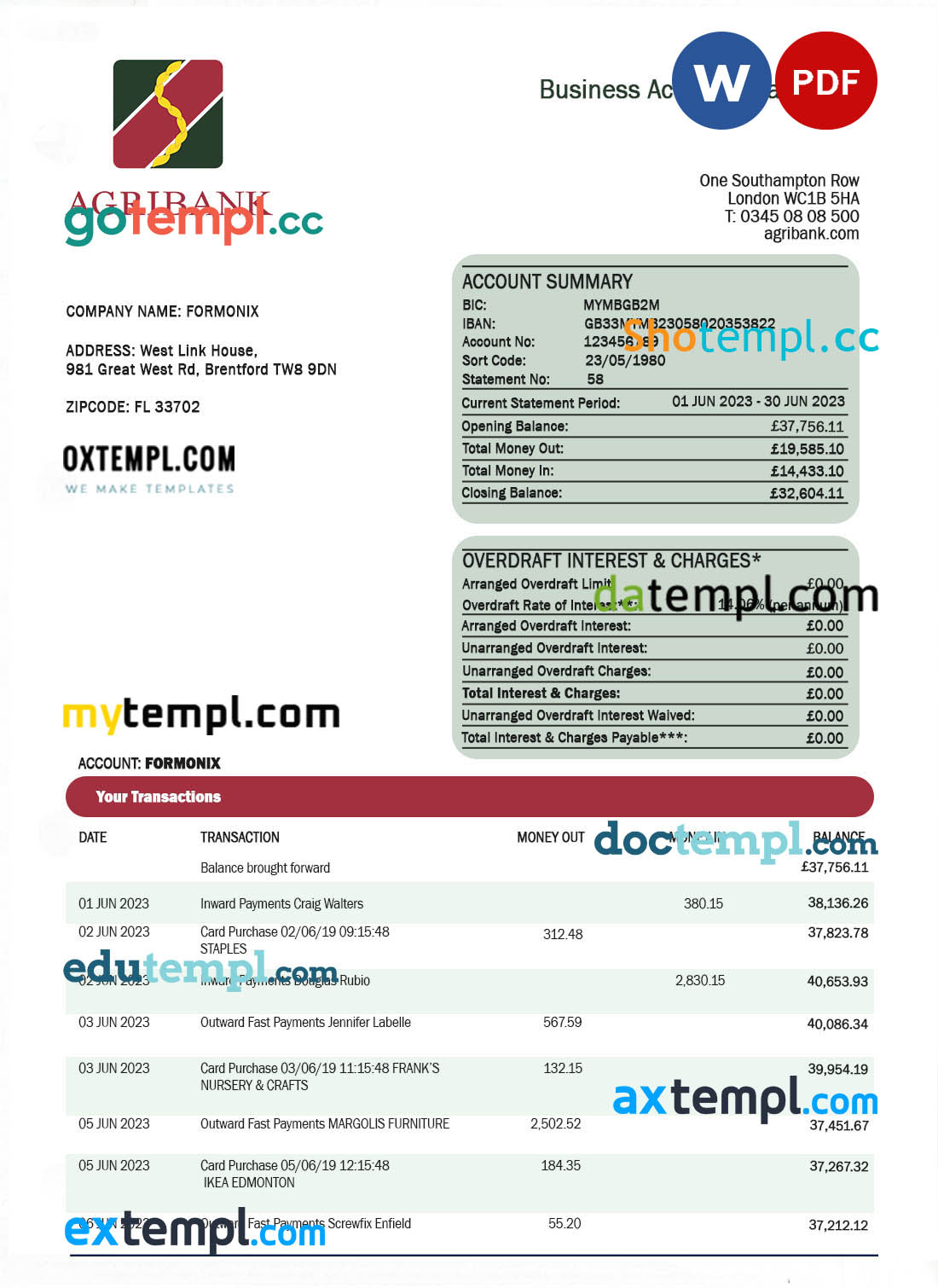 Agribank company statement Word and PDF template