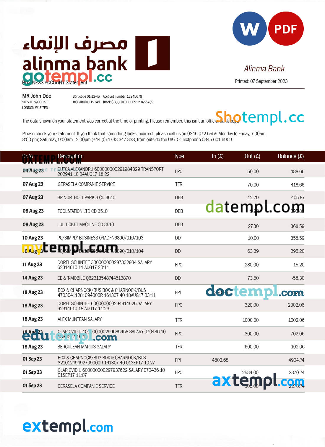 Alinma Bank company statement Word and PDF template