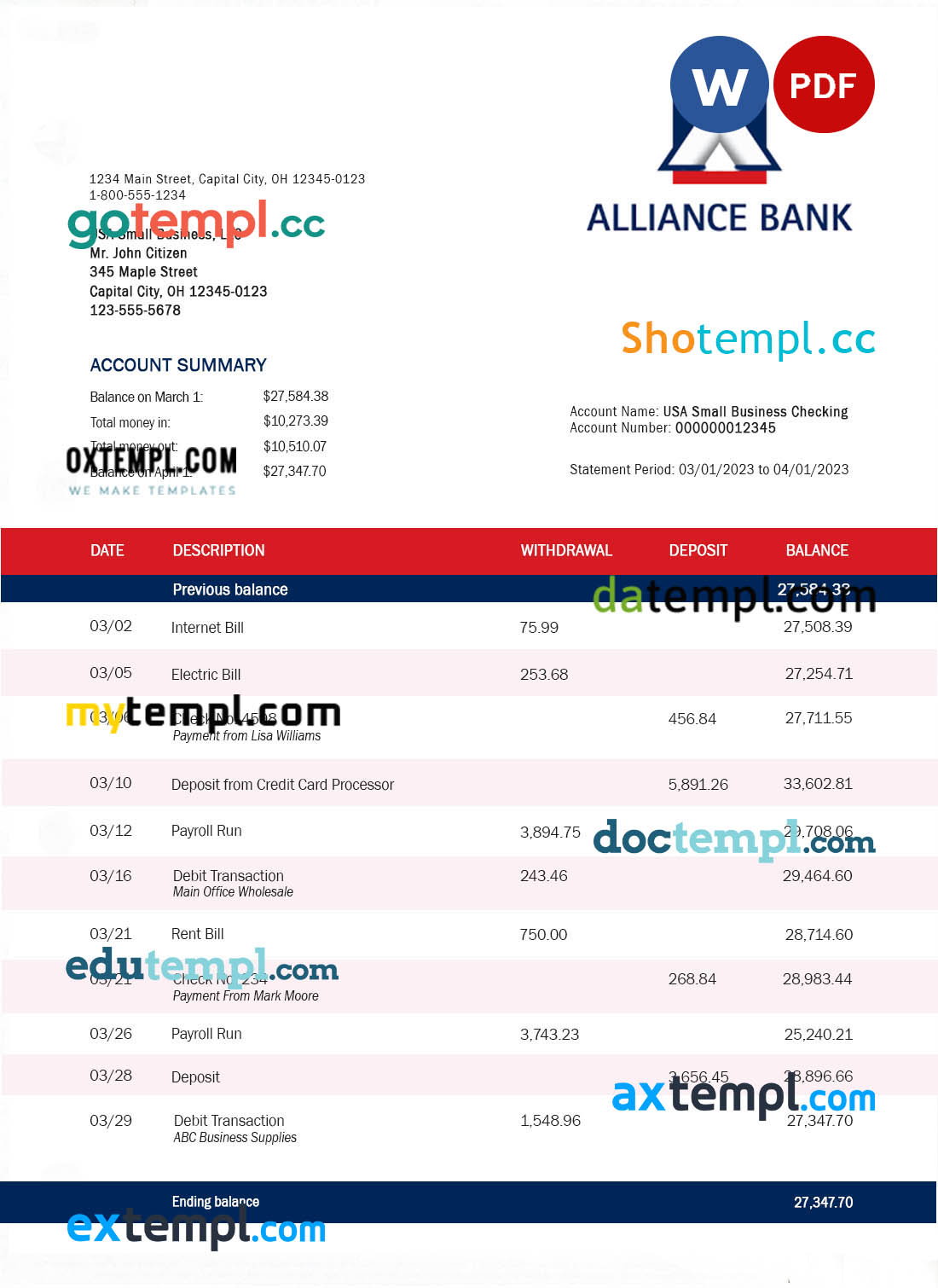 Alliance Bank enterprise account statement Word and PDF template