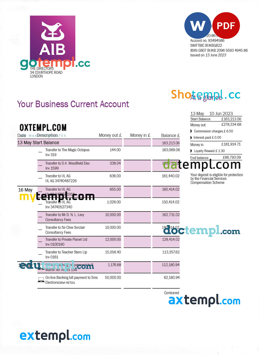 Virgin Money Bank firm account statement Word and PDF template