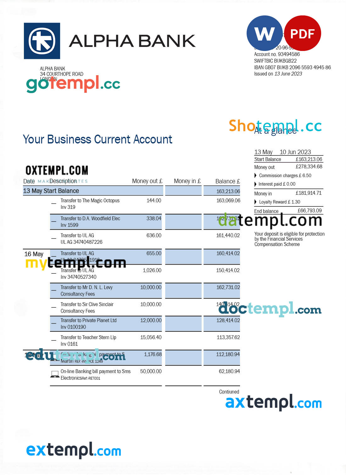 Alpha Bank company checking account statement Word and PDF template