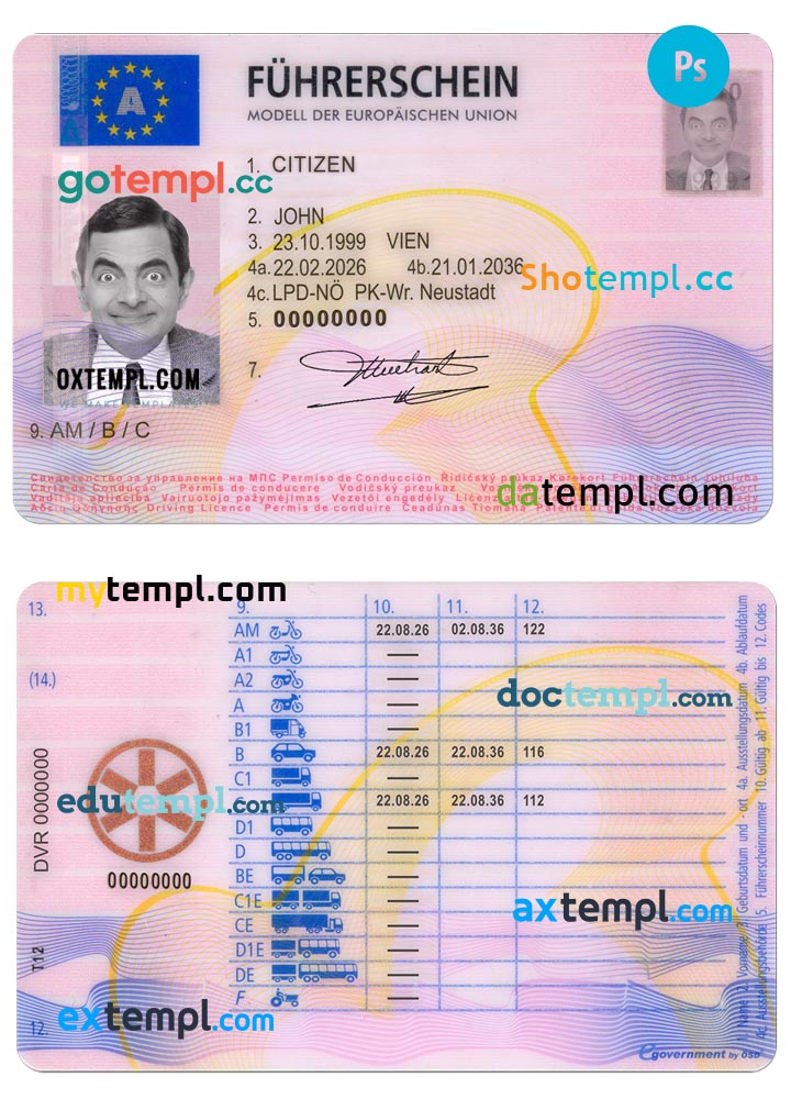 Austria driving license template in PSD format, 2013 - present