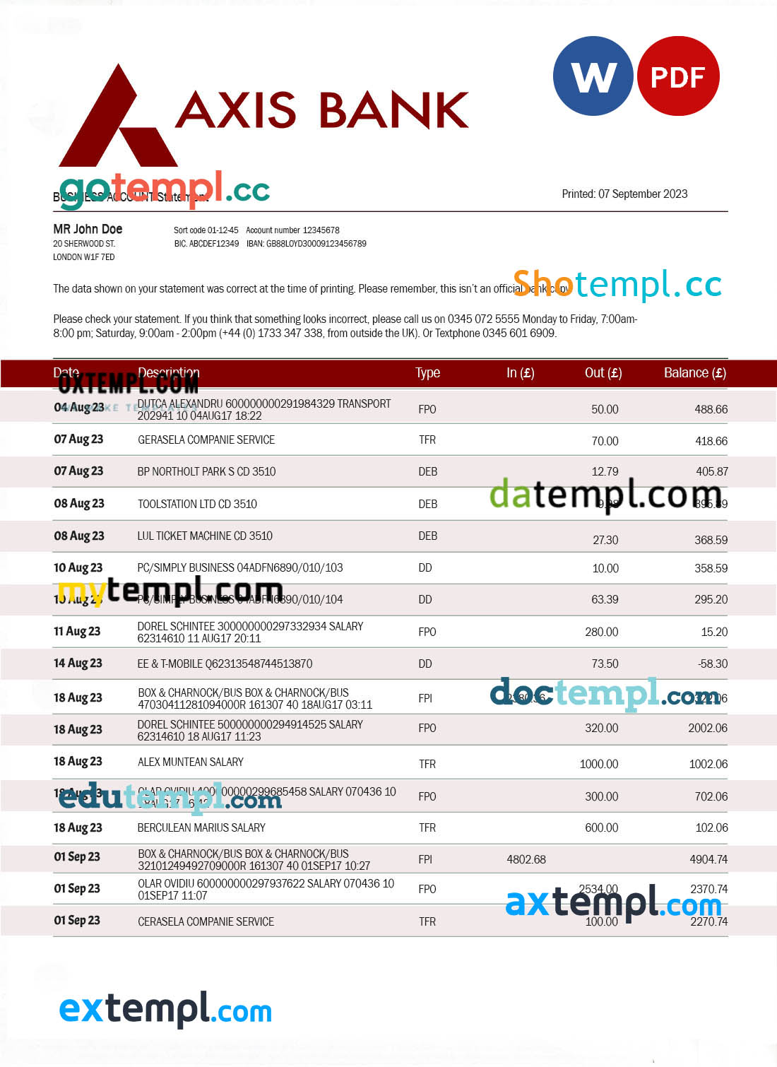 Axis Bank enterprise statement Word and PDF template