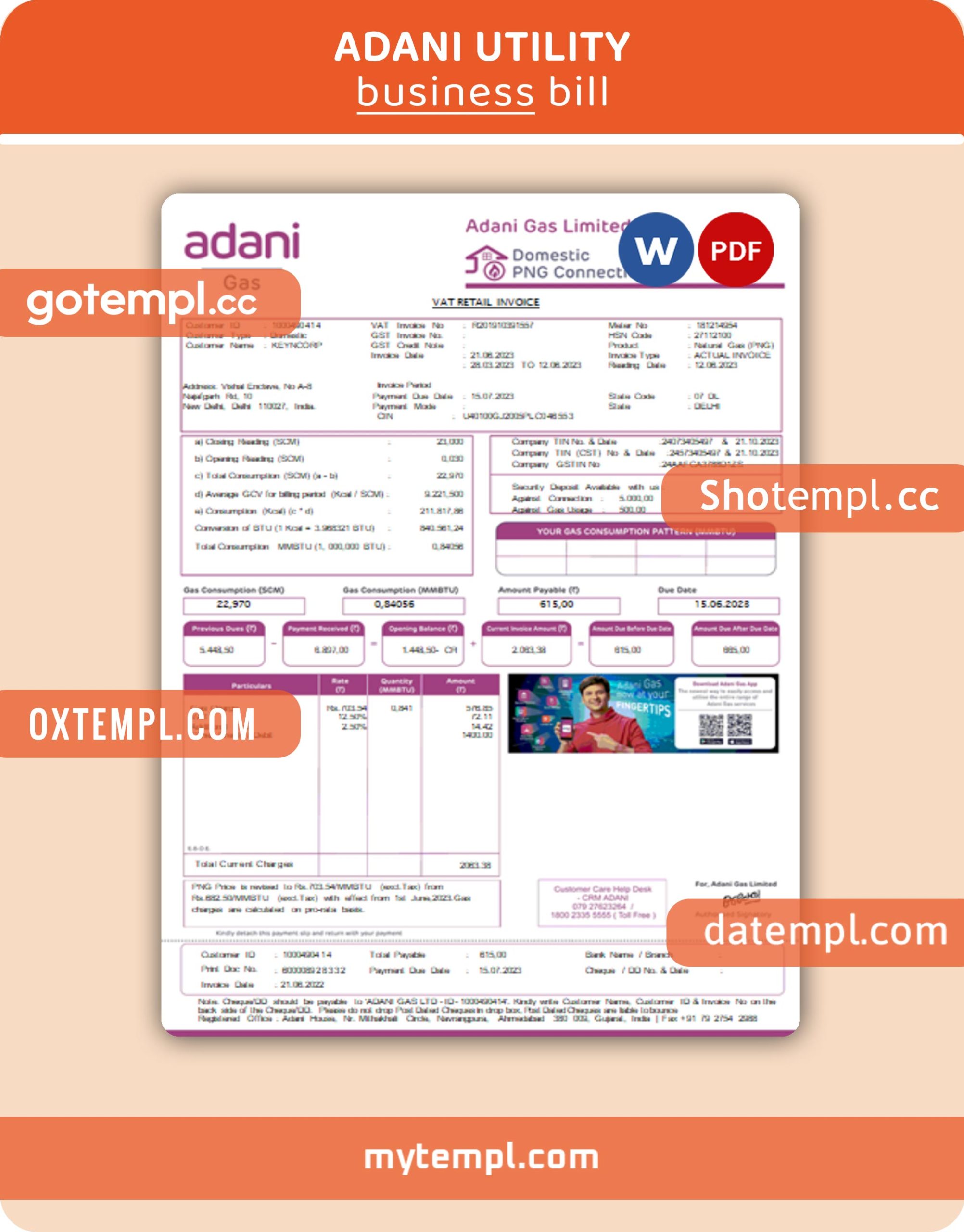 Adani business utility bill, Word and PDF template