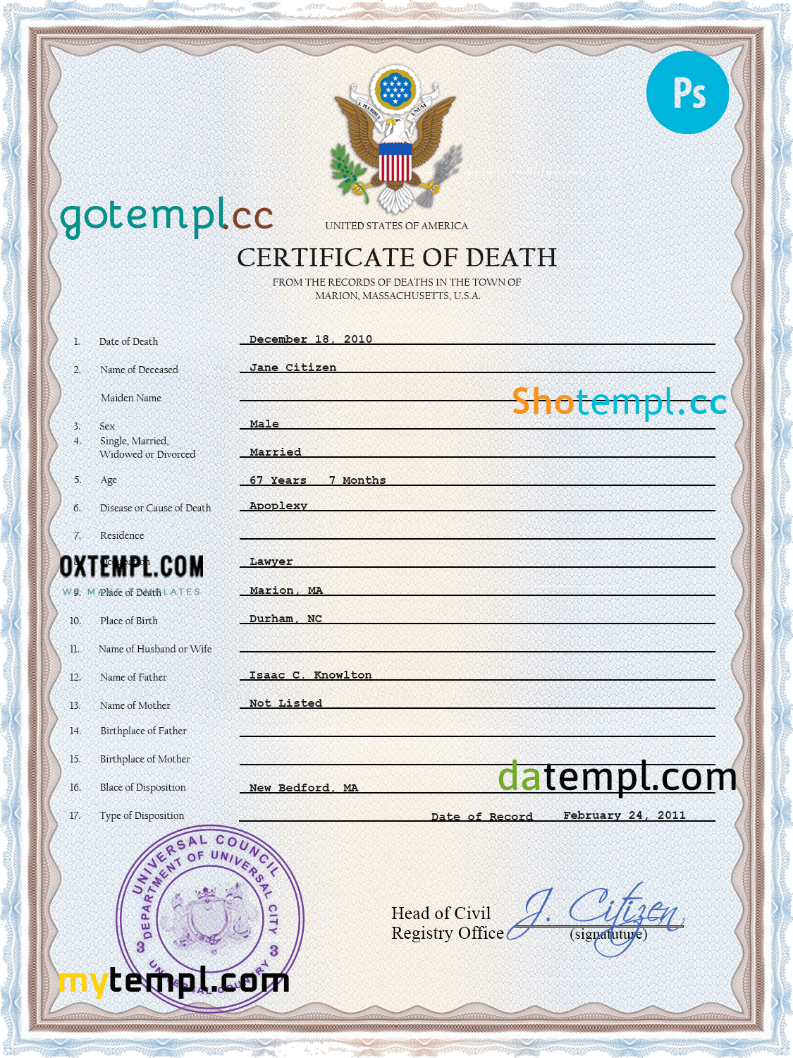 # affiliate death universal certificate PSD template, completely editable