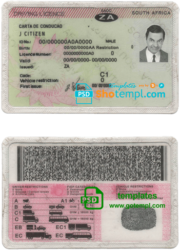 South Africa driving license template in PSD format
