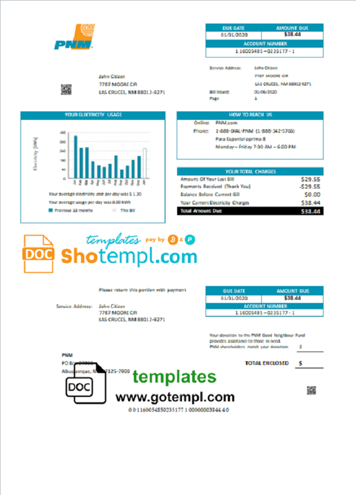 USA New Mexico PNM easy fillable utility bill template in Word and PDF format (.doc and .pdf)