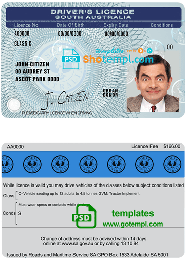 South Australia driving license template in PSD format, fully editable, with all fonts