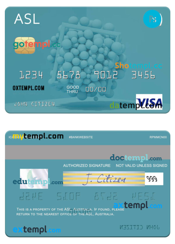 Australia Australian Settlements Limited (ASL) visa card template in PSD format