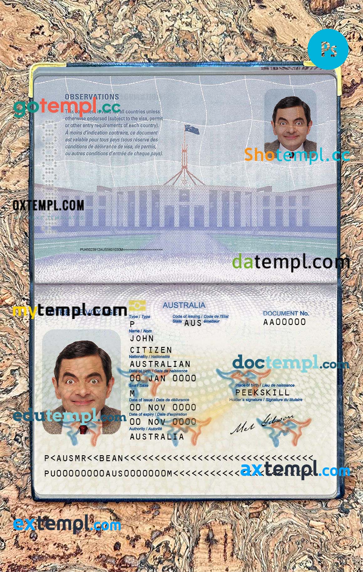 Australian passport PSD files, editable scan and photo-realistic look sample, 2 in 1