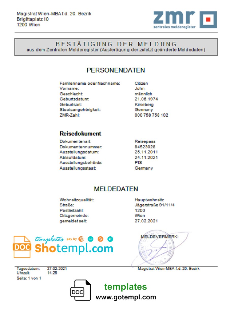 Austria ZMR Zentrales Melderegister Central register of residents document template in Word format