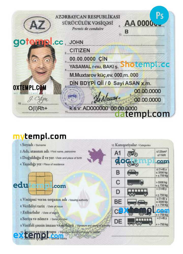 Azerbaijan driving license template in PSD format, fully editable, with all fonts (2013 - present)