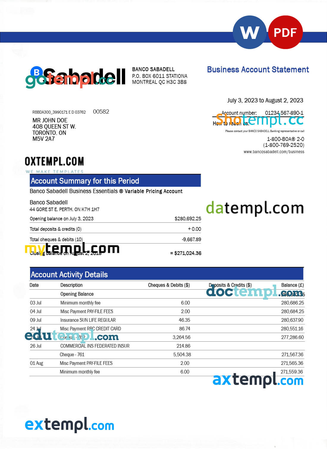 Canada Royal Bank of Canada (RBC) bank statement template in .xls and .pdf file format (4 pages) (AutoSum)