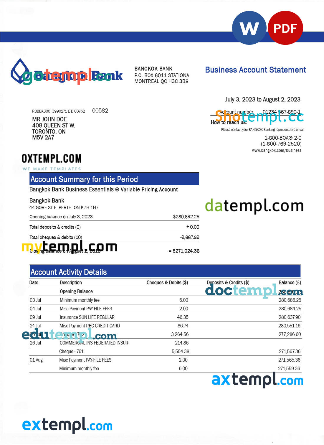 Bangkok Bank corporate checking account statement Word and PDF template