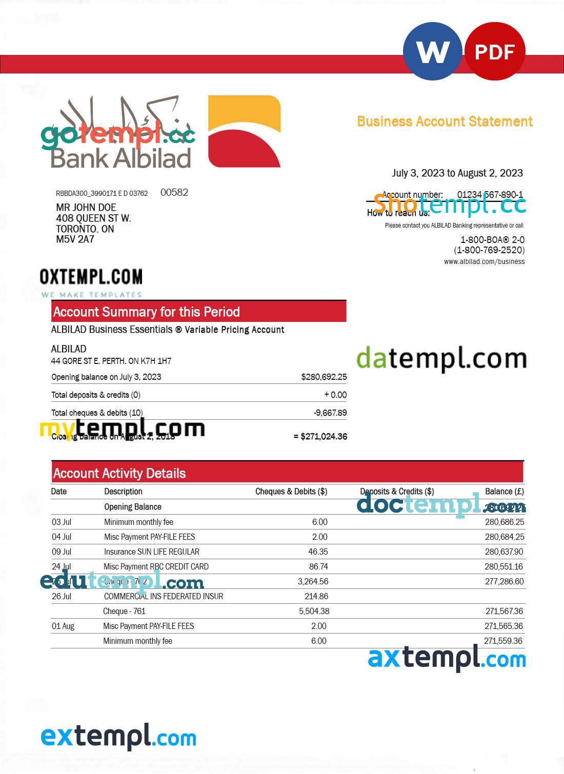 USA Discover bank statement template in Excel and PDF (.xls and .pdf file) format