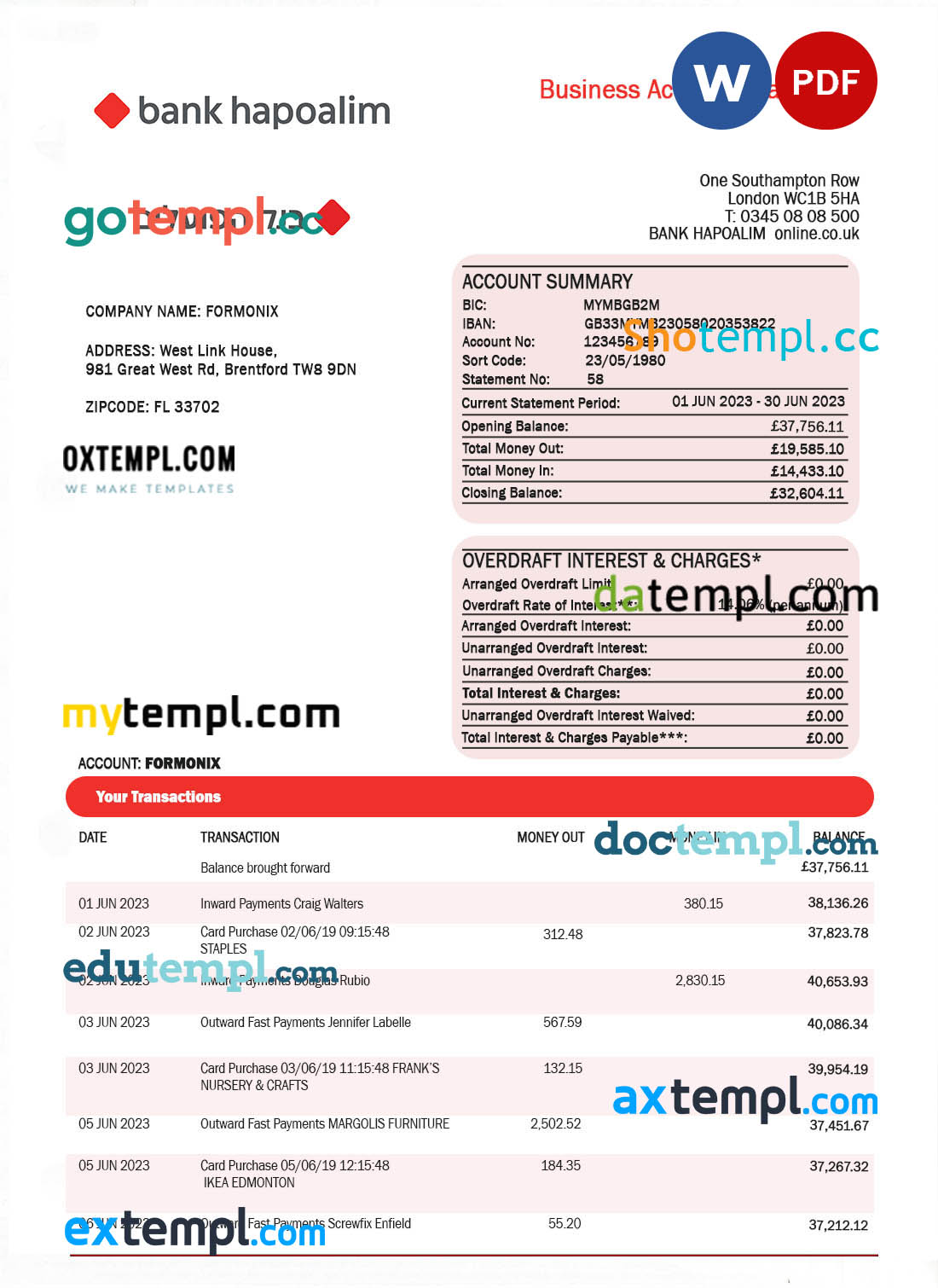 Bank Hapoalim firm account statement Word and PDF template