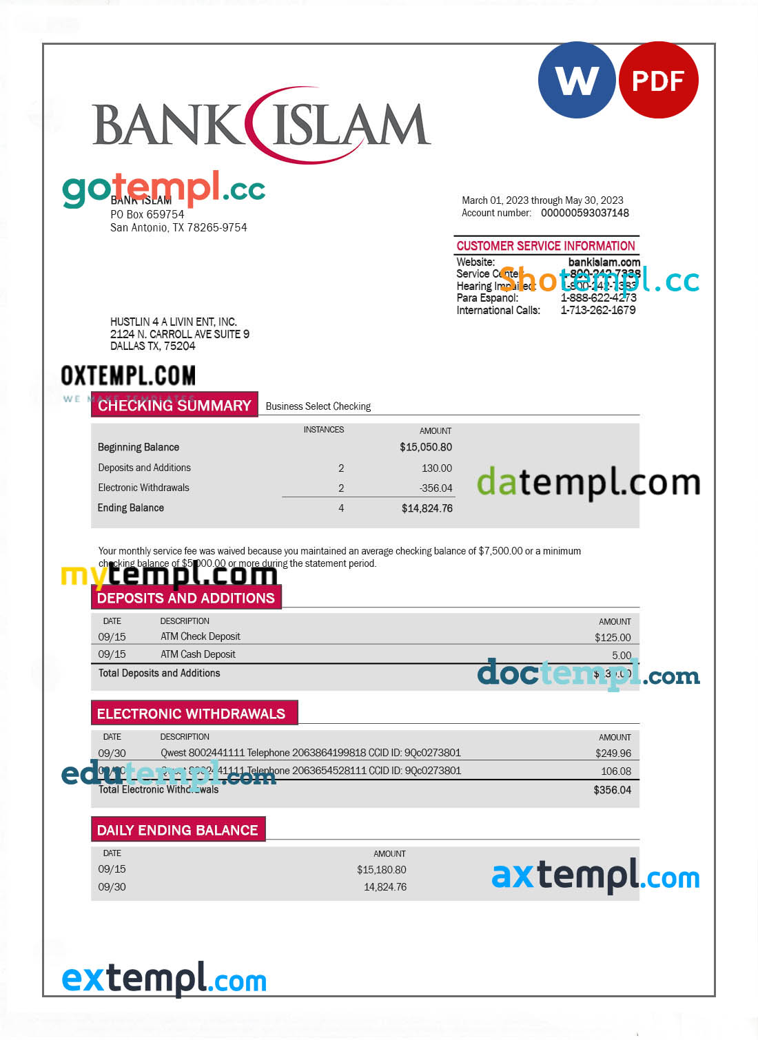 Bank Islam company account statement Word and PDF template