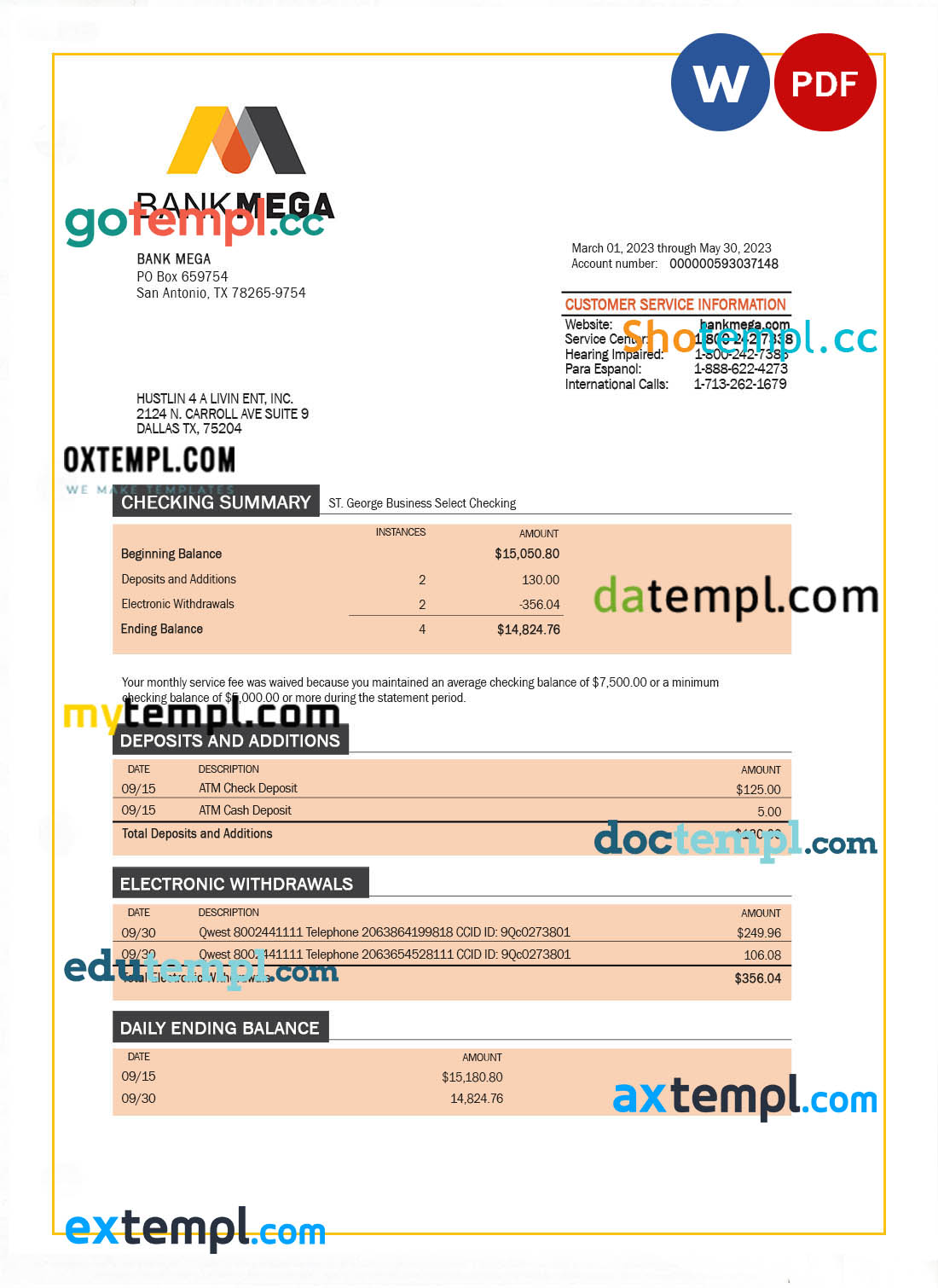 Bank Mega corporate checking account statement Word and PDF template