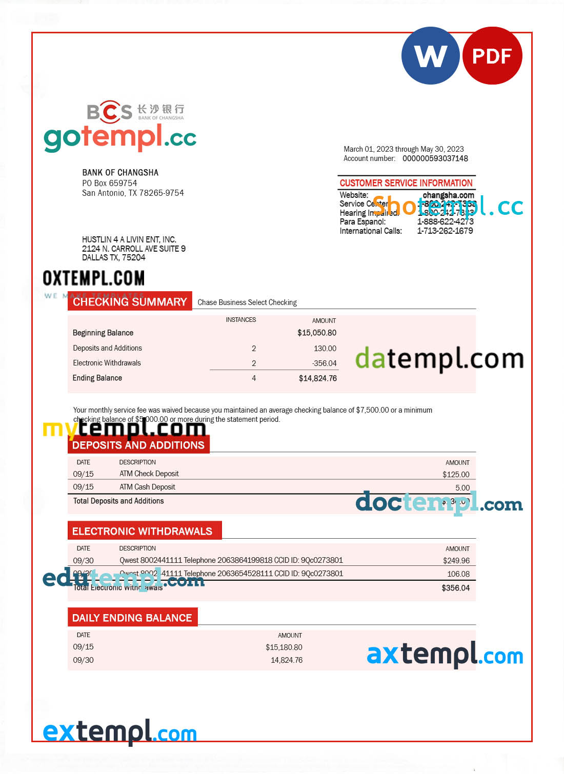 USA Commerce Bank statement easy to fill template in Excel and PDF format