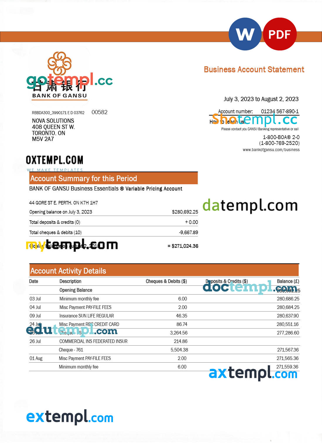 Bank of Gansu business checking account statement Word and PDF template