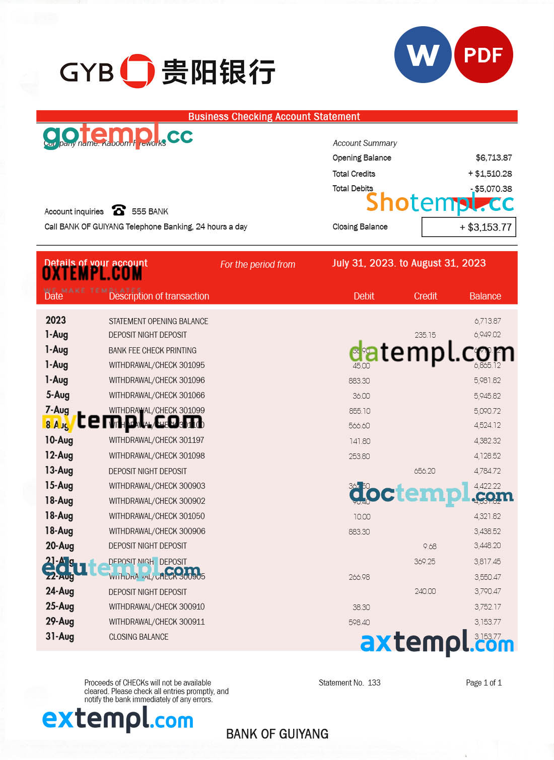 Bank of Guiyang firm account statement Word and PDF template