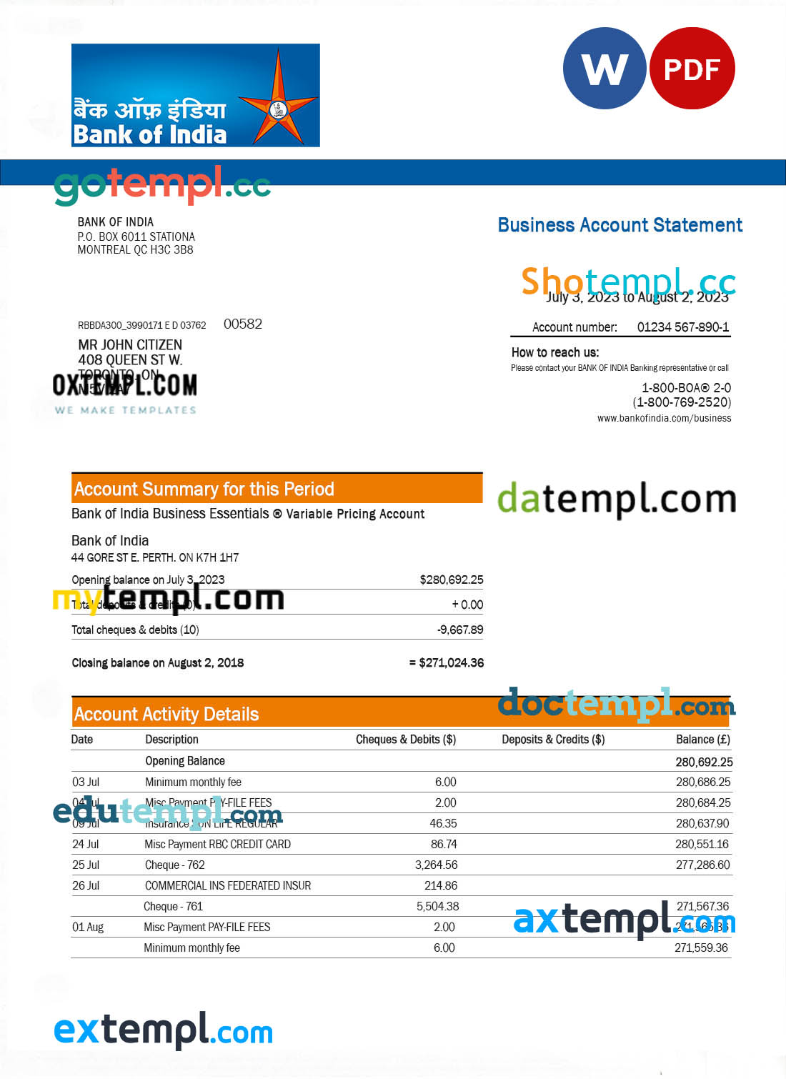 USA NOMAD GLOBAL bank statement Word and PDF template