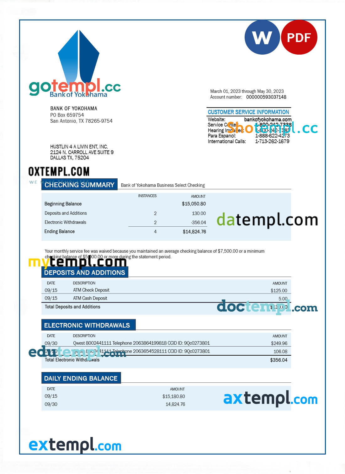 Chiba Bank company checking account statement Word and PDF template