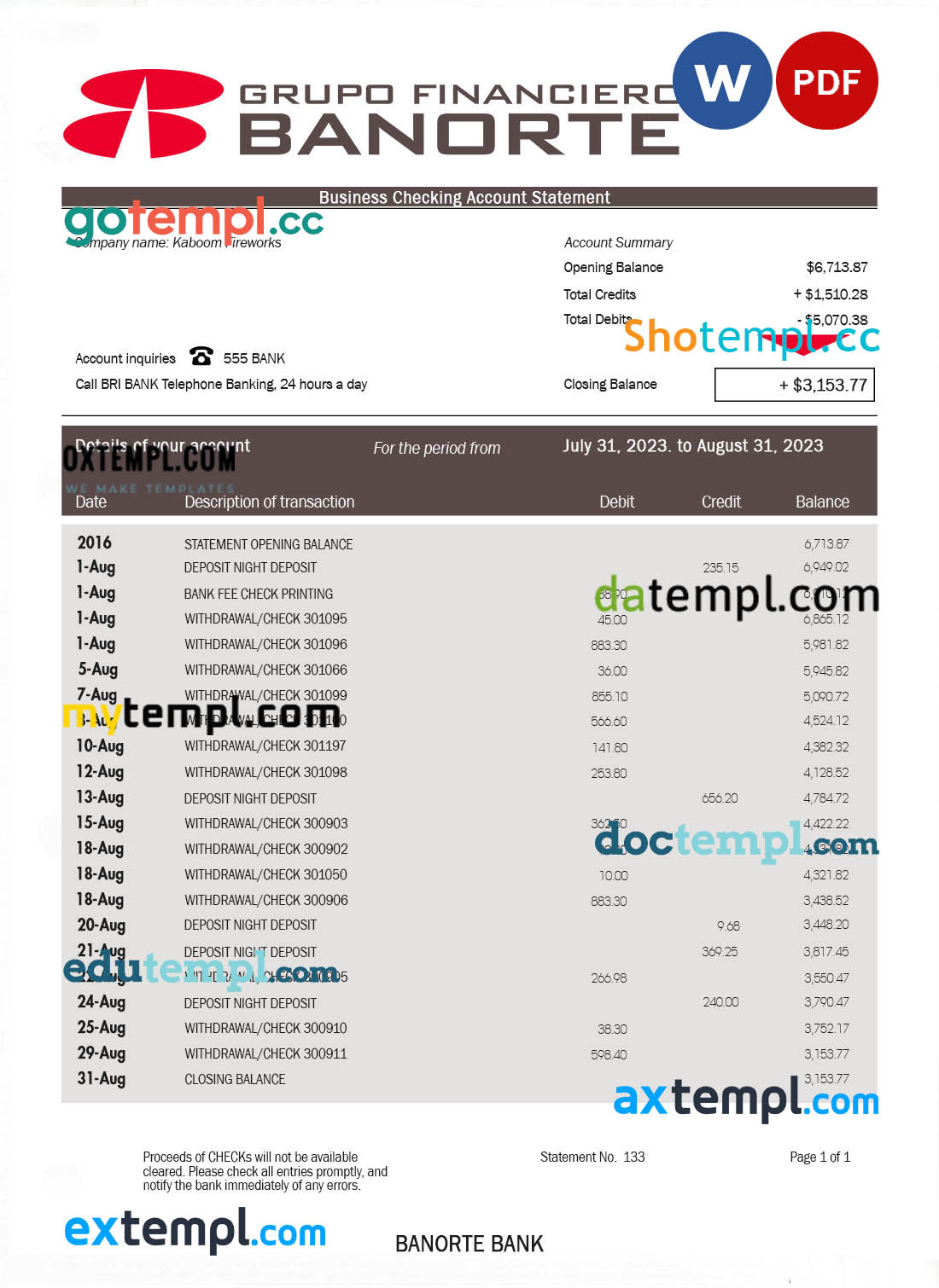 Banorte Bank enterprise statement Word and PDF template