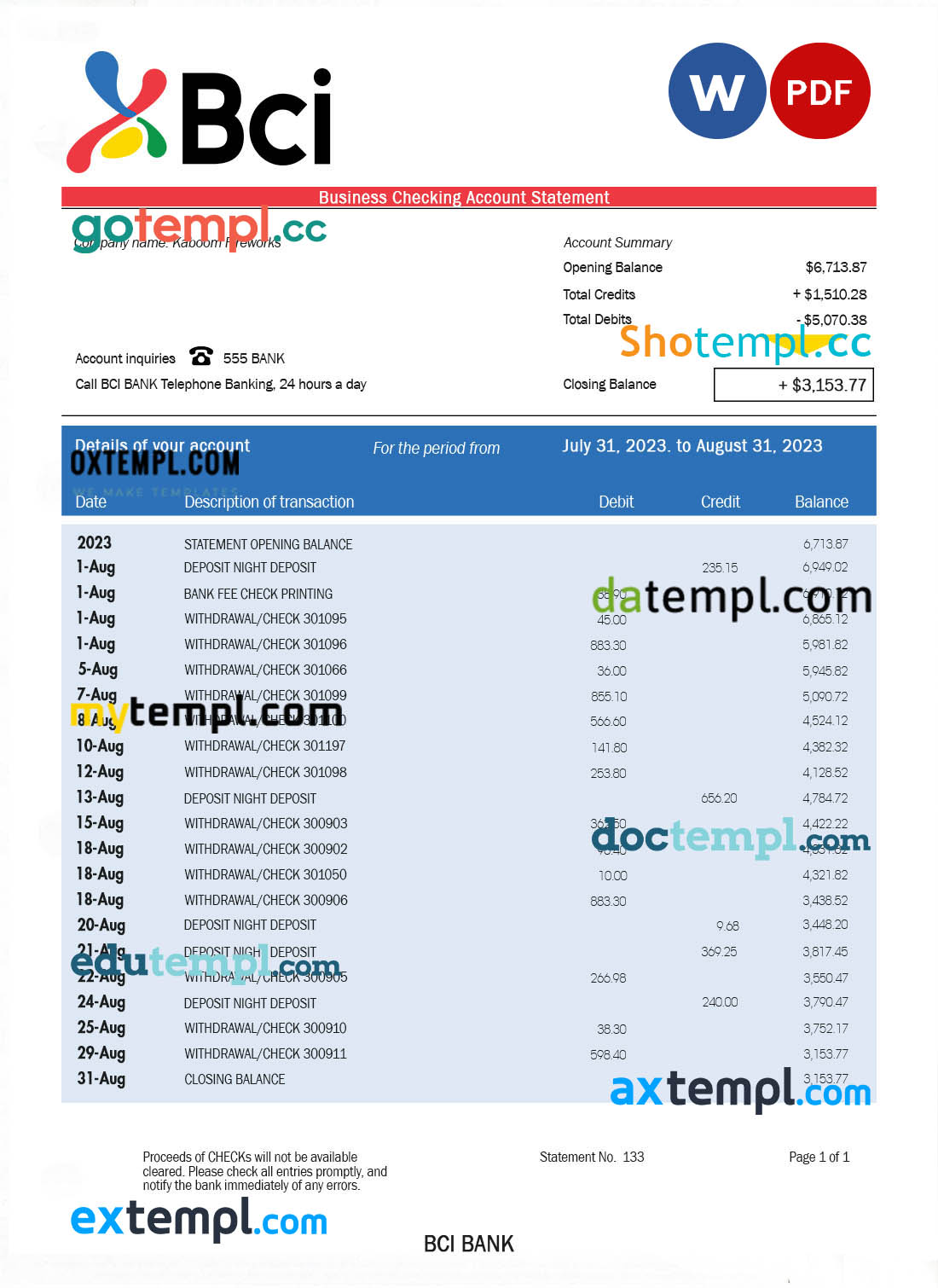 BCI Bank company account statement Word and PDF template