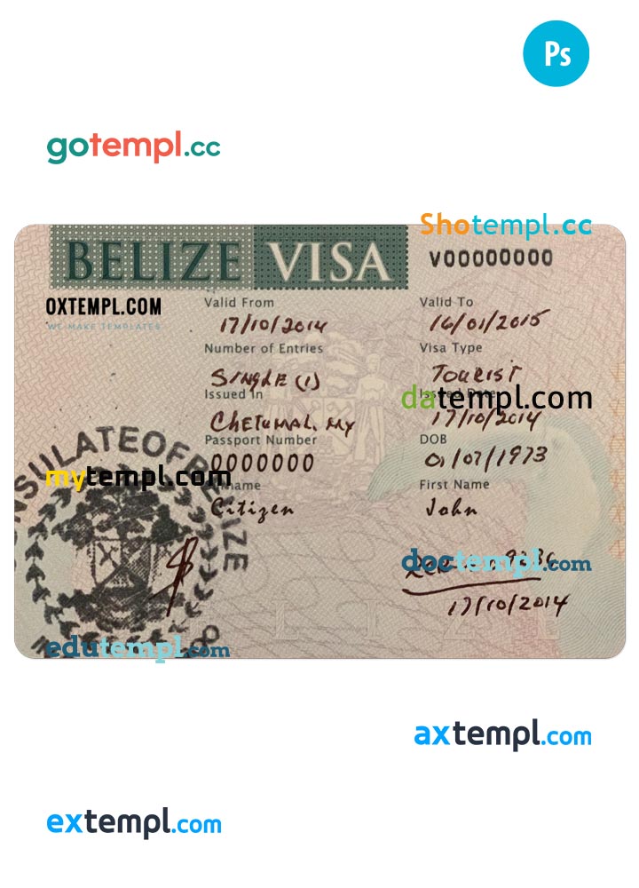 Belize visa PSD template, with fonts