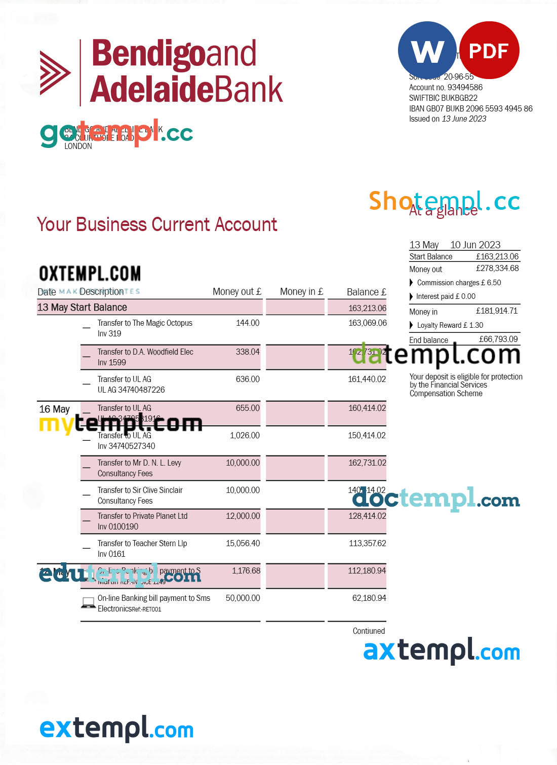 India Federal Bank statement easy to fill template in .xls and .pdf file format